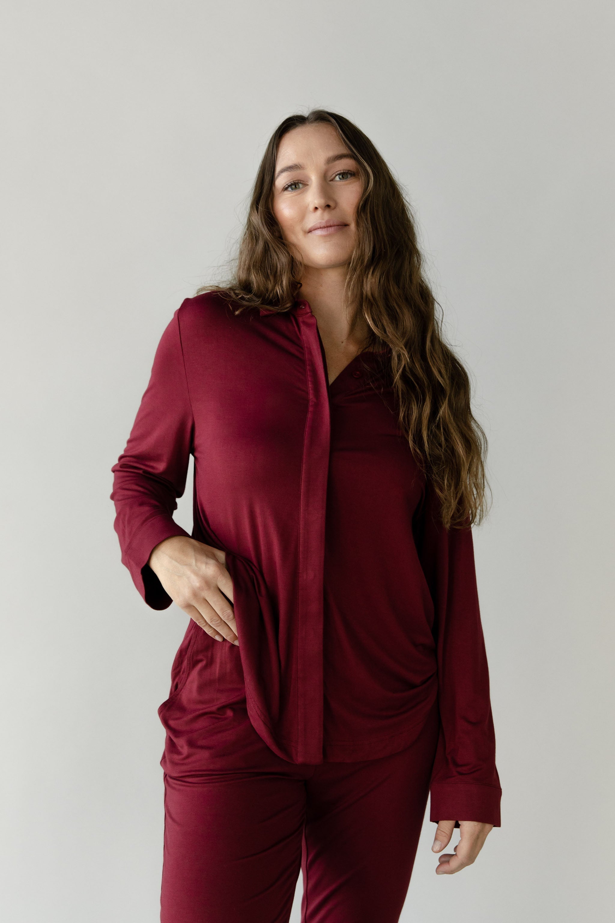 Women's Bamboo Stretch-Knit Collared Long Sleeve Button Down - Last Chance