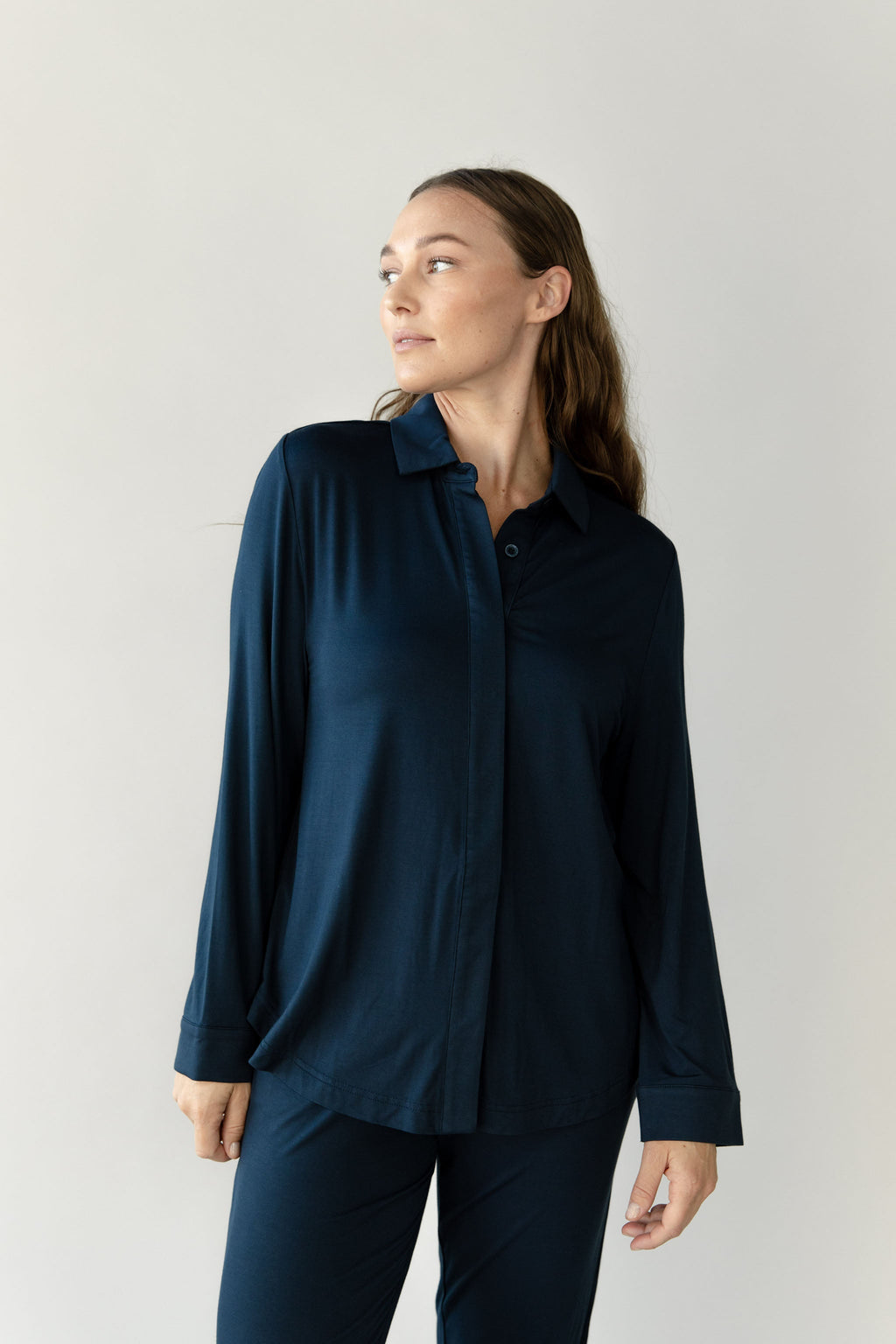 Women's Bamboo Stretch-Knit Collared Long Sleeve Button Down - Last Chance