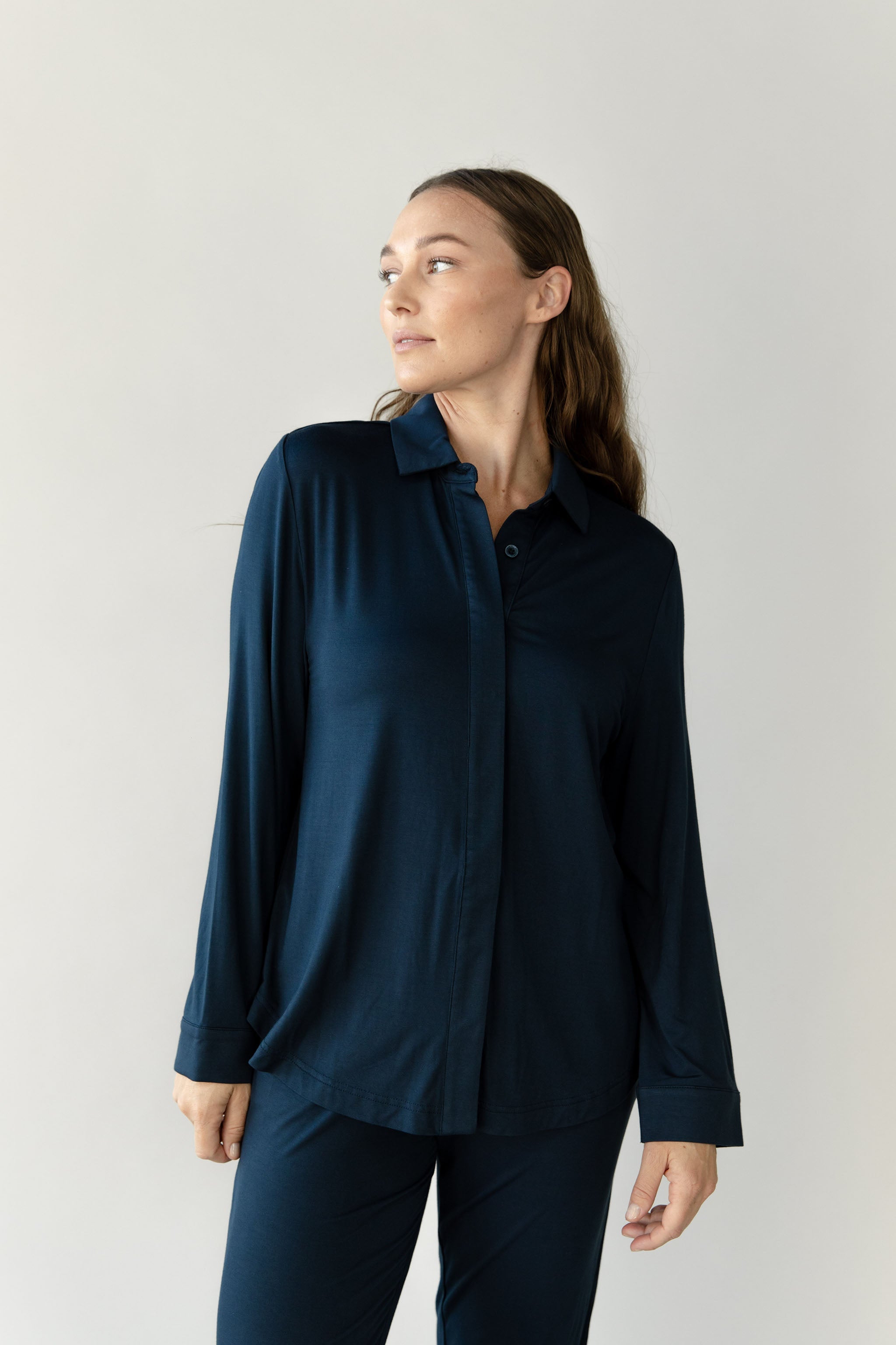 Women's Bamboo Stretch-Knit Collared Long Sleeve Button Down - Last Chance